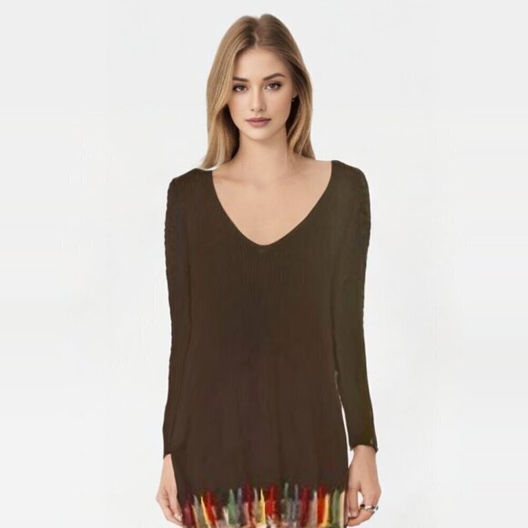 Kenzie black ribbed V neck pullover w colorful fringe hem Sz XL - Picture 2 of 8